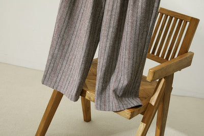 Warm and comfortable wool-blend striped pants with a pleated waist and lining (Product code: 231011-1)