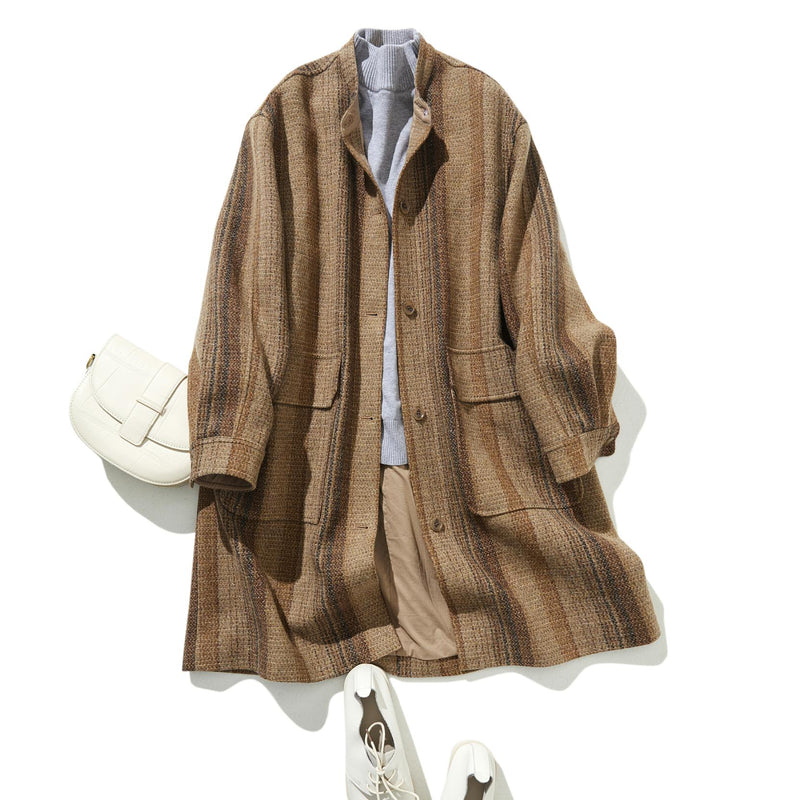 ★20% Off★ A sophisticated, sophisticated stand-collar 100% wool coat with a check pattern. 231108-1