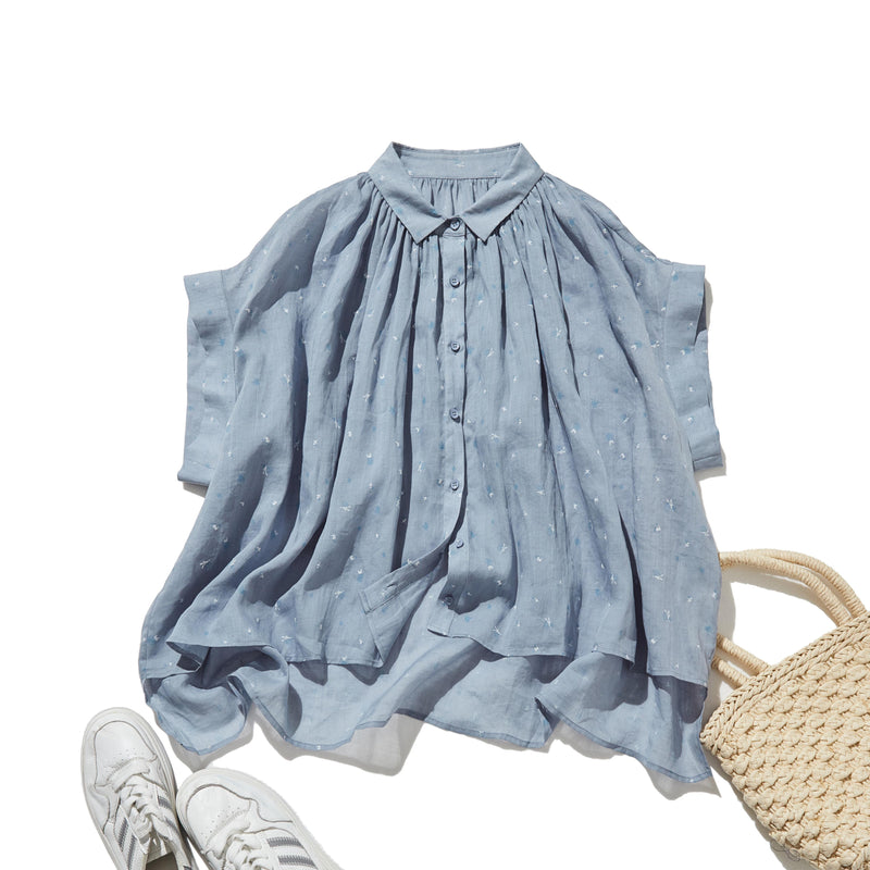 夏の定番！エアリー麻のブラウス　小花プリント　超ゆったりシルエット　250801