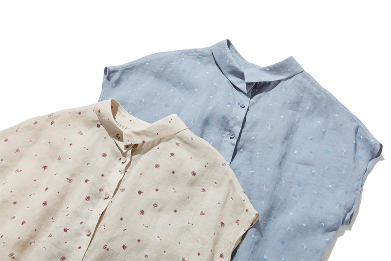 絶妙な風合い　花柄プリント　麻100％ブラウス　フレンチスリーブブラウス　 250803