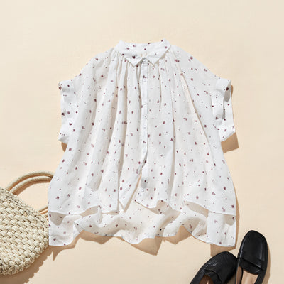 夏の定番！エアリー麻のブラウス　小花プリント　超ゆったりシルエット　250801