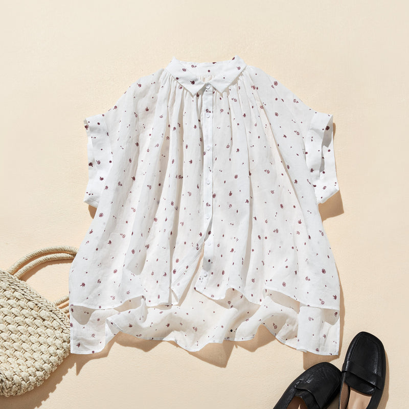 夏の定番！エアリー麻のブラウス　小花プリント　超ゆったりシルエット　250801