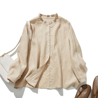 さりげなく甘い 美形ブラウス　リネン100％生地　リネンシャツブラウス　　210804