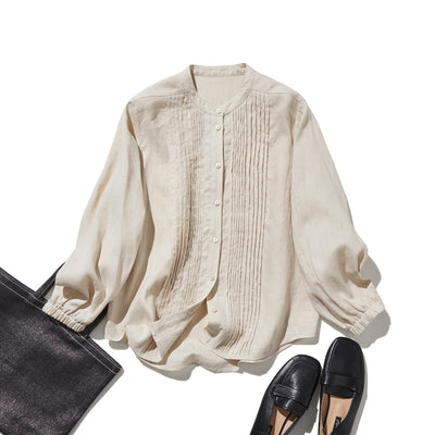 上品な佇まいと、心地よい着心地を兼ね備えた一枚　ピンタックシャツ　リネンシャツブラウス　251007