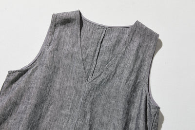 【季節を超えて愛される】リネンワンピース　フランスリネン　Vネックノースリーブマキシ丈ワンピース　250612