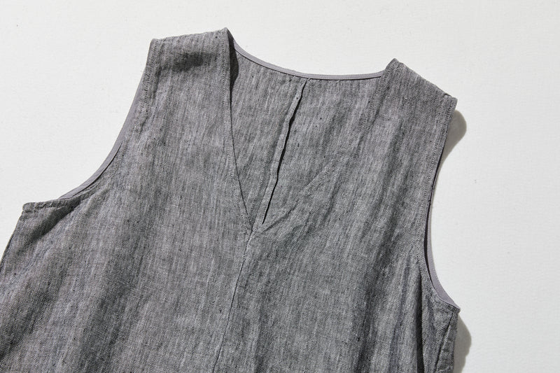 【季節を超えて愛される】リネンワンピース　フランスリネン　Vネックノースリーブマキシ丈ワンピース　250612