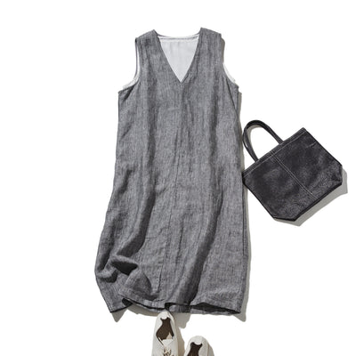 【季節を超えて愛される】リネンワンピース　フランスリネン　Vネックノースリーブマキシ丈ワンピース　250612