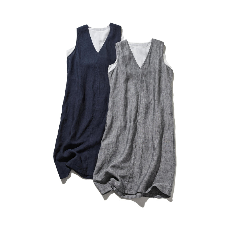 【季節を超えて愛される】リネンワンピース　フランスリネン　Vネックノースリーブマキシ丈ワンピース　250612