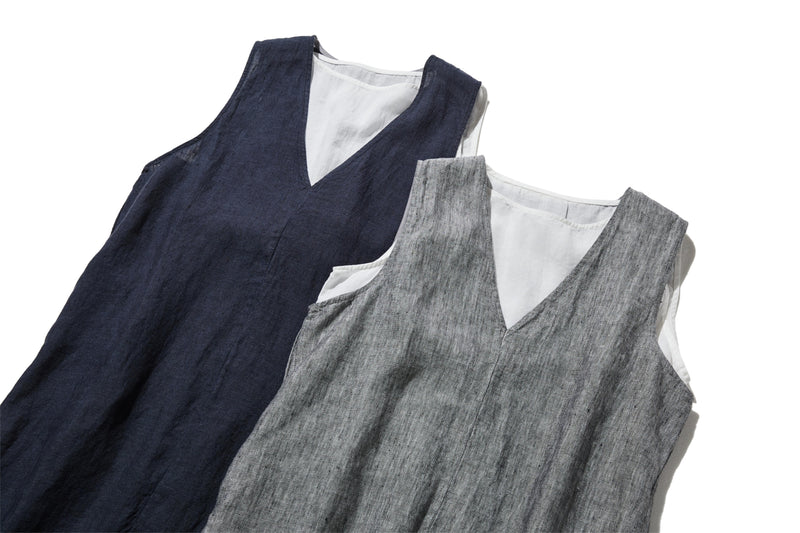 【季節を超えて愛される】リネンワンピース　フランスリネン　Vネックノースリーブマキシ丈ワンピース　250612