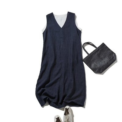 【季節を超えて愛される】リネンワンピース　フランスリネン　Vネックノースリーブマキシ丈ワンピース　250612