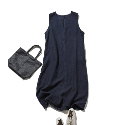 【季節を超えて愛される】リネンワンピース　フランスリネン　Vネックノースリーブマキシ丈ワンピース　250612