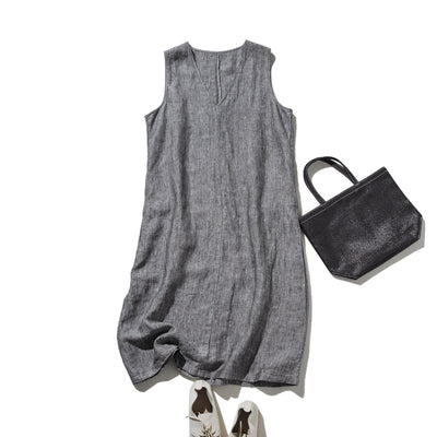 【季節を超えて愛される】リネンワンピース　フランスリネン　Vネックノースリーブマキシ丈ワンピース　250612