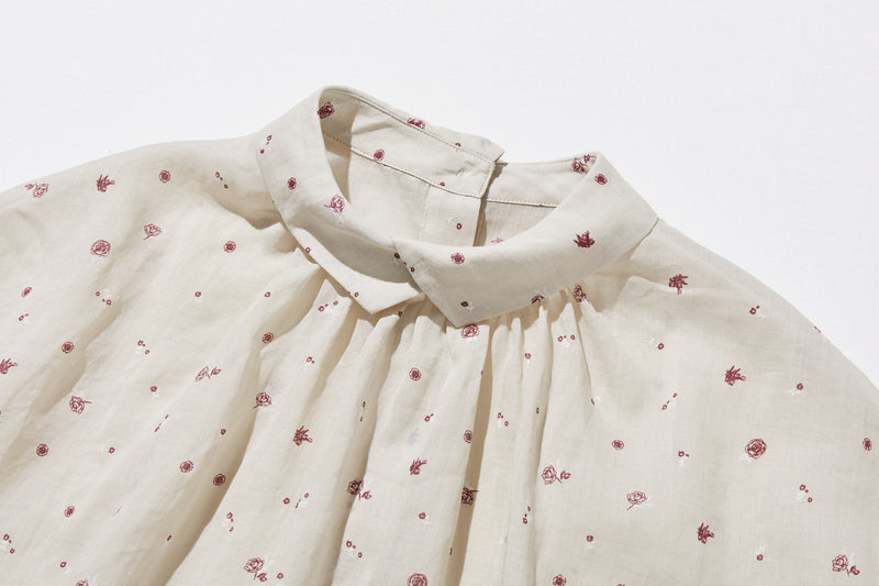 絶妙な風合い　花柄プリント　麻100％ブラウス　フレンチスリーブブラウス　 250803