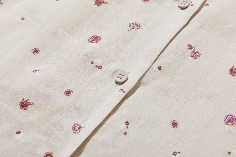 絶妙な風合い　花柄プリント　麻100％ブラウス　フレンチスリーブブラウス　 250803