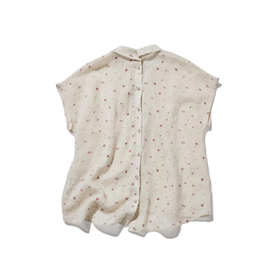 絶妙な風合い　花柄プリント　麻100％ブラウス　フレンチスリーブブラウス　 250803