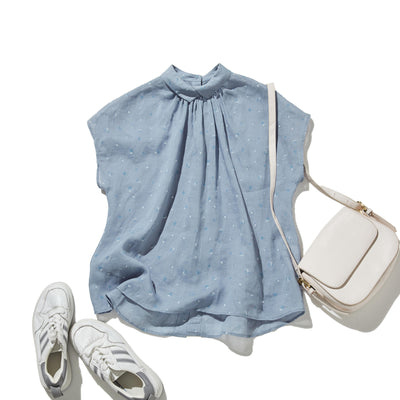 絶妙な風合い　花柄プリント　麻100％ブラウス　フレンチスリーブブラウス　 250803