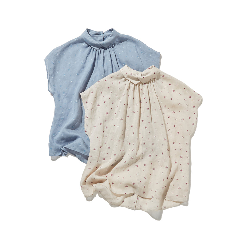 絶妙な風合い　花柄プリント　麻100％ブラウス　フレンチスリーブブラウス　 250803