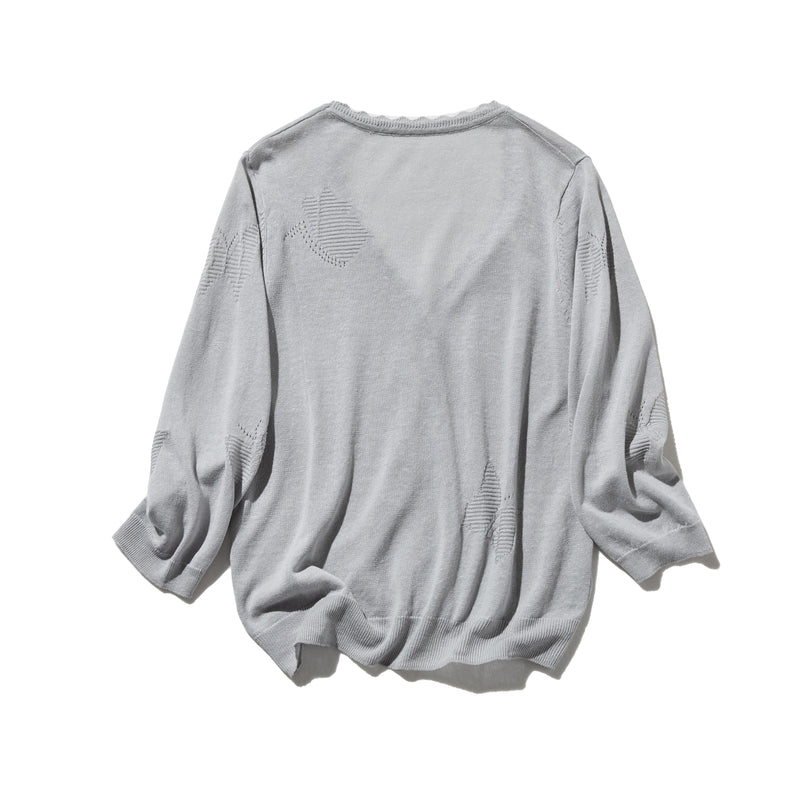 A cool and refreshing seasonal piece with a cute butterfly motif. Linen and lyocell, 3/4 sleeve cardigan, gray, 250616-1 
