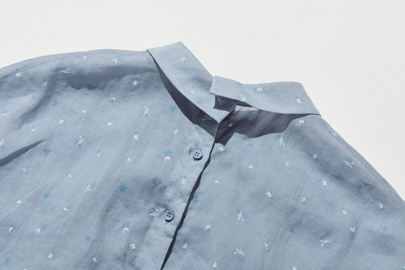 絶妙な風合い　花柄プリント　麻100％ブラウス　フレンチスリーブブラウス　 250803