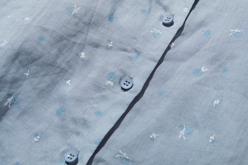 絶妙な風合い　花柄プリント　麻100％ブラウス　フレンチスリーブブラウス　 250803