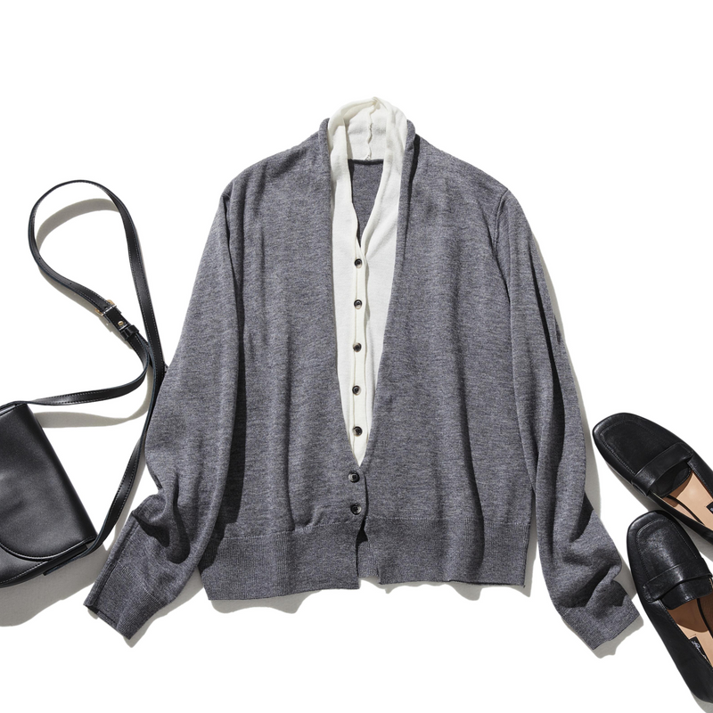 カジュアル過ぎず上品見え　重ね着風カーディガン ウール混　　250218