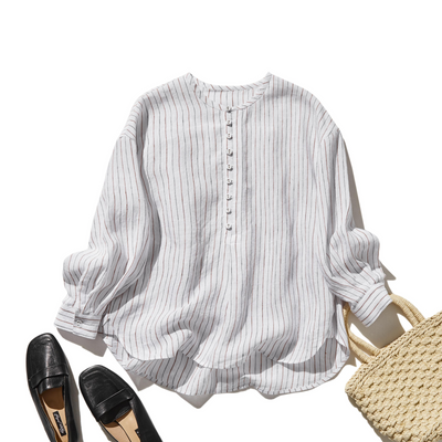 ゆったりとした着心地と上品なデザインが魅力の、リネン100%長袖ブラウス　　250414