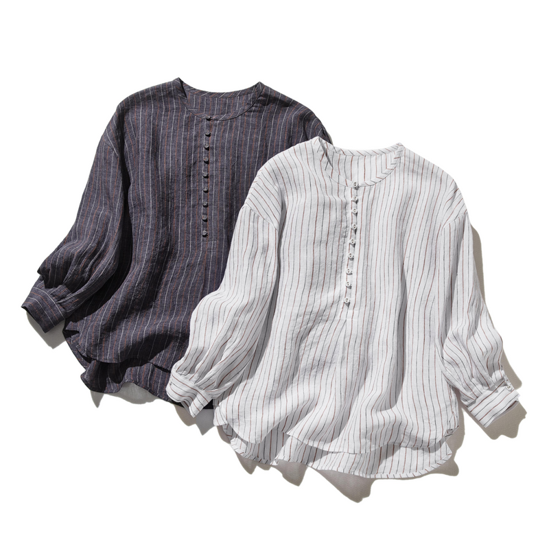 ゆったりとした着心地と上品なデザインが魅力の、リネン100%長袖ブラウス　　250414