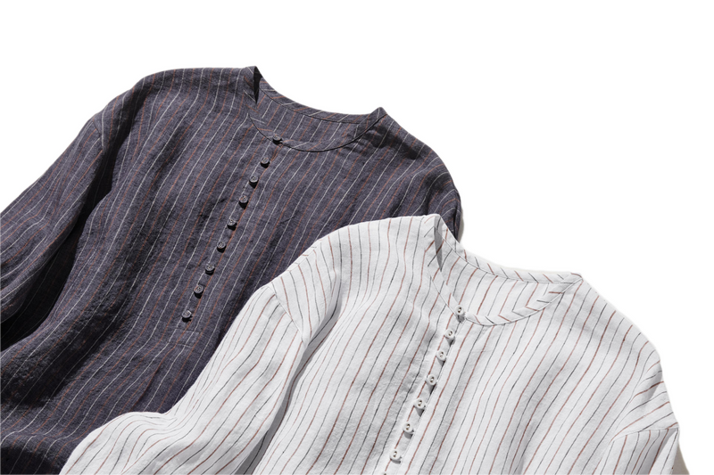 ゆったりとした着心地と上品なデザインが魅力の、リネン100%長袖ブラウス　　250414