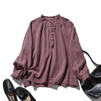 Elegant ruffled long-sleeved blouse, cotton linen, 250418 
