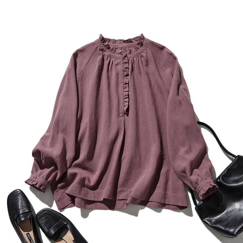 Elegant ruffled long-sleeved blouse, cotton linen, 250418 