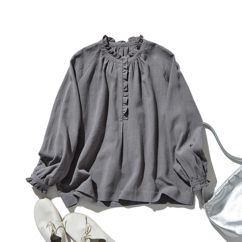 Elegant ruffled long-sleeved blouse, cotton linen, 250418 