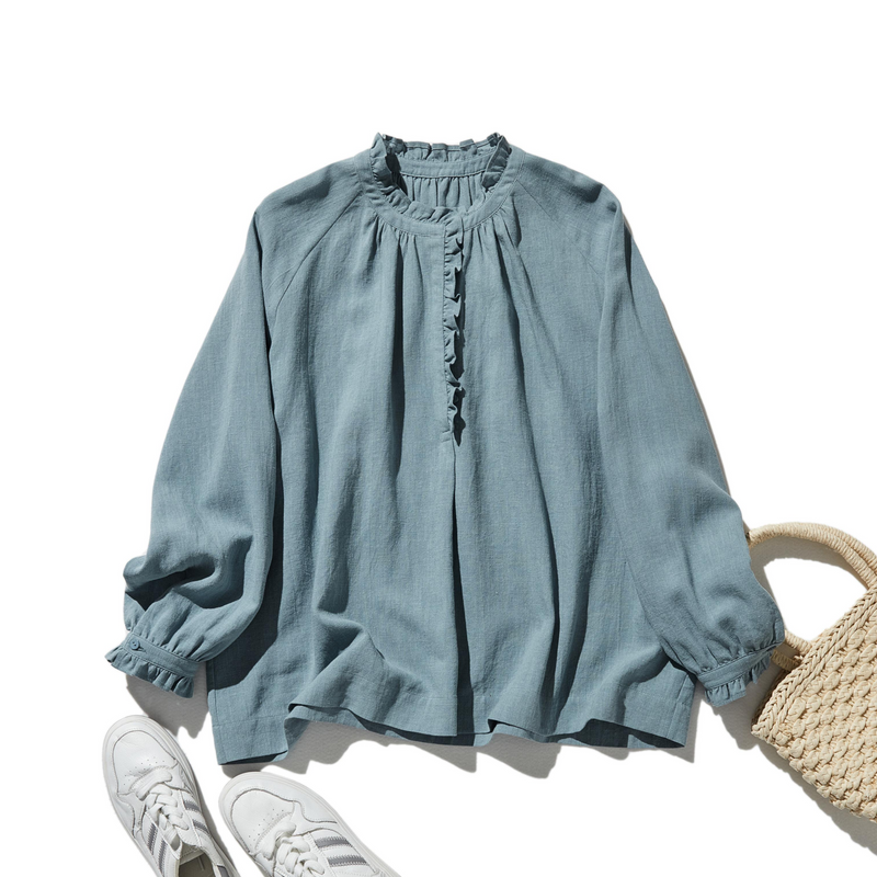 Elegant ruffled long-sleeved blouse, cotton linen, 250418 
