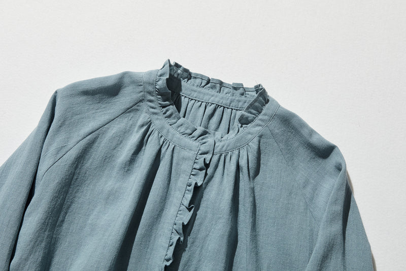 Elegant ruffled long-sleeved blouse, cotton linen, 250418 