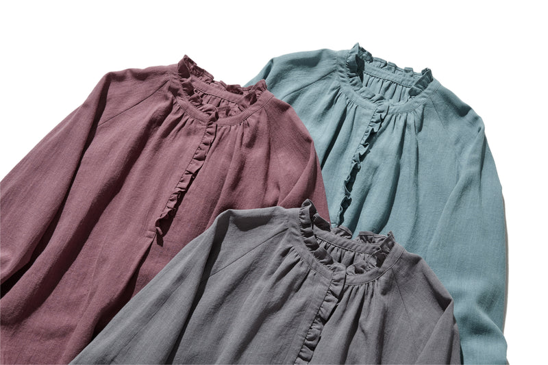 Elegant ruffled long-sleeved blouse, cotton linen, 250418 
