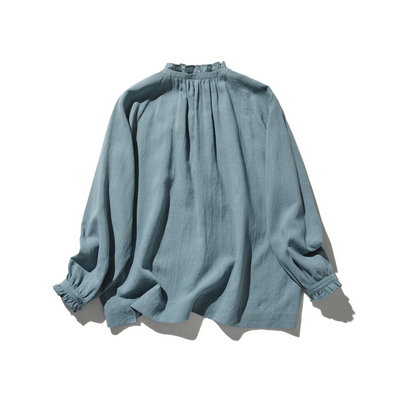 Elegant ruffled long-sleeved blouse, cotton linen, 250418 