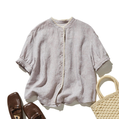 上品な着こなしに♪ リネン100% バンドカラーシャツ リネンブラウス 半袖シャツ　　250509