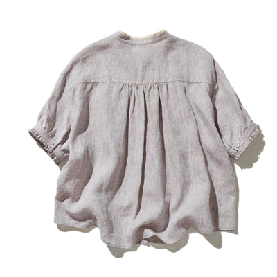 上品な着こなしに♪ リネン100% バンドカラーシャツ リネンブラウス 半袖シャツ　　250509