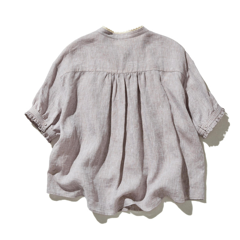 上品な着こなしに♪ リネン100% バンドカラーシャツ リネンブラウス 半袖シャツ　　250509