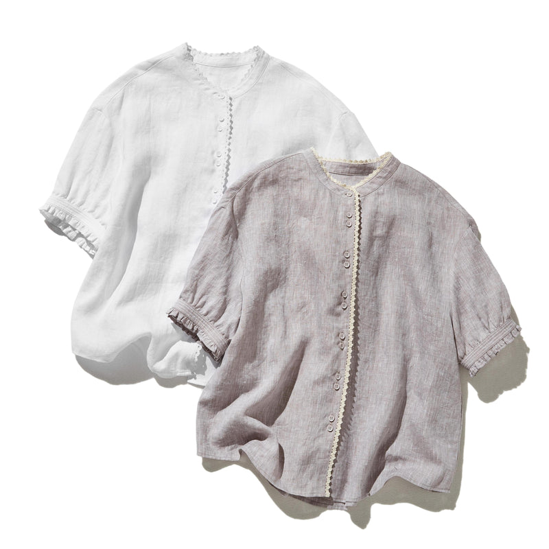 上品な着こなしに♪ リネン100% バンドカラーシャツ リネンブラウス 半袖シャツ　　250509