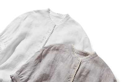 上品な着こなしに♪ リネン100% バンドカラーシャツ リネンブラウス 半袖シャツ　　250509