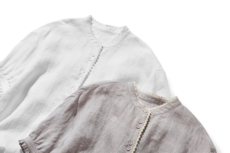 上品な着こなしに♪ リネン100% バンドカラーシャツ リネンブラウス 半袖シャツ　　250509