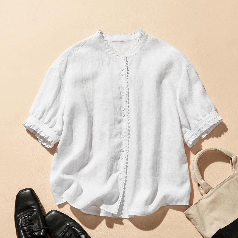 上品な着こなしに♪ リネン100% バンドカラーシャツ リネンブラウス 半袖シャツ　　250509