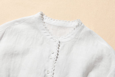 上品な着こなしに♪ リネン100% バンドカラーシャツ リネンブラウス 半袖シャツ　　250509