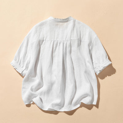 上品な着こなしに♪ リネン100% バンドカラーシャツ リネンブラウス 半袖シャツ　　250509