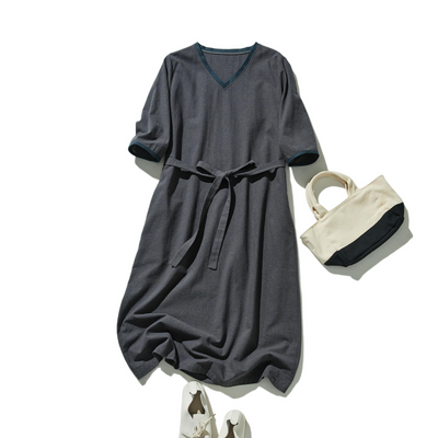 快適でお洒落！コットンリネンワンピース　5分袖　ベルト付き　　240518