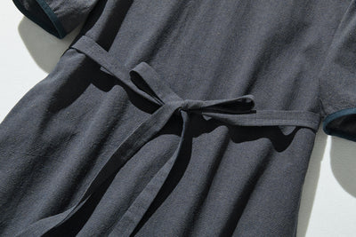 快適でお洒落！コットンリネンワンピース　5分袖　ベルト付き　　240518