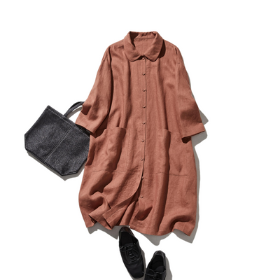 季節を超えて活躍する フレンチリネンの前開きシャツワンピース　　250409