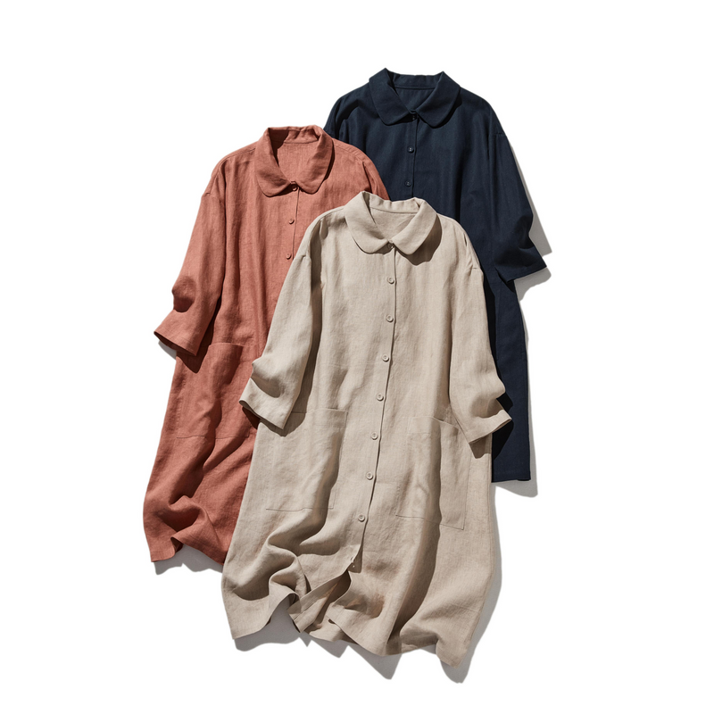 季節を超えて活躍する フレンチリネンの前開きシャツワンピース　　250409