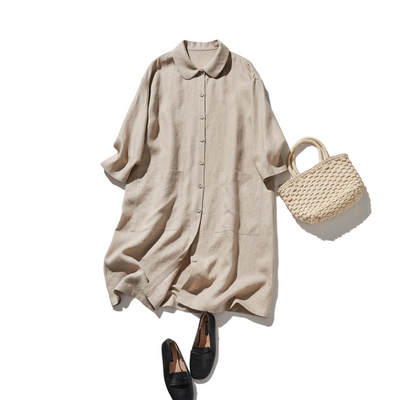 季節を超えて活躍する フレンチリネンの前開きシャツワンピース　　250409