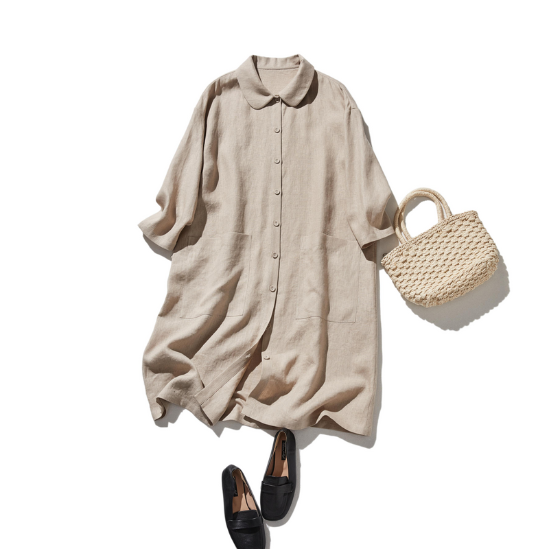 季節を超えて活躍する フレンチリネンの前開きシャツワンピース　　250409